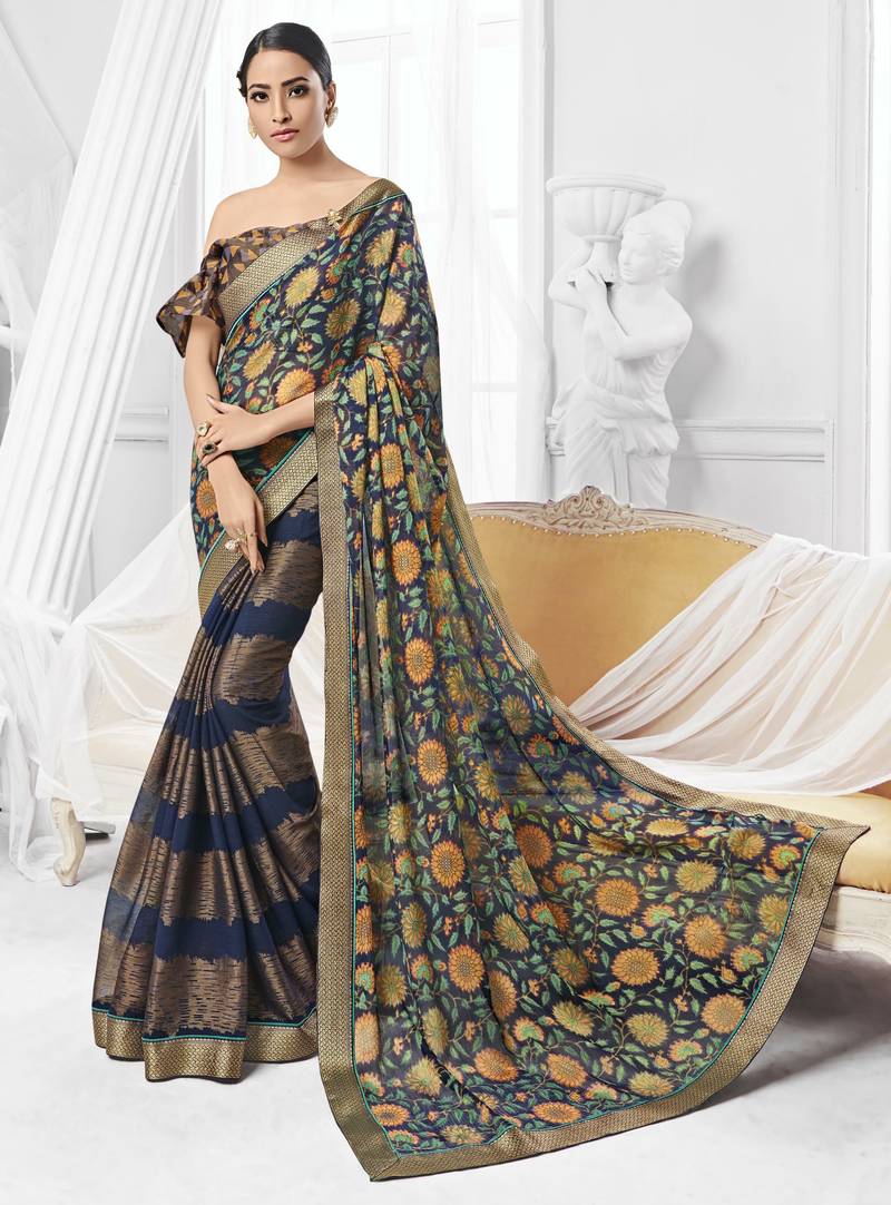Women Party Wear Printed Brasso Chiffon Saree With Un Stitched Blouse