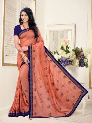 Orange Embroidered Silk Blend Saree With Blouse 2