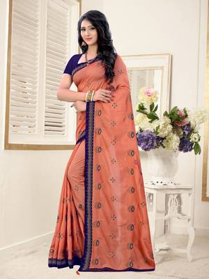 Orange Embroidered Silk Blend Saree With Blouse 3