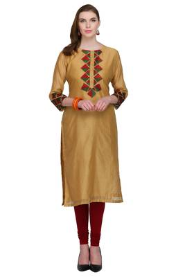 Beige Embroidered Cotton Silk Long Kurtis 1