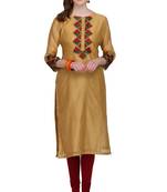 Beige Embroidered Cotton Silk Long Kurtis