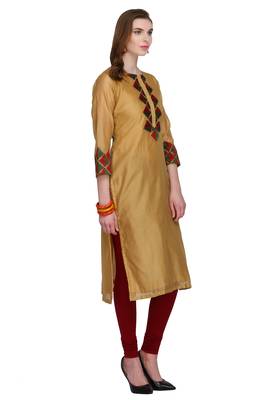Beige Embroidered Cotton Silk Long Kurtis 3