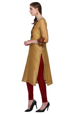 Beige Embroidered Cotton Silk Long Kurtis 4