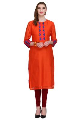 Orange Embroidered Chanderi Long Kurtis 1