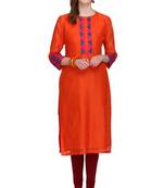Orange Embroidered Chanderi Long Kurtis