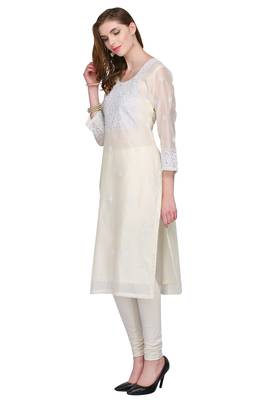 White Embroidered Chanderi Long Kurtis 4