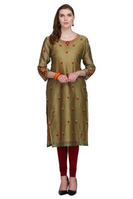 Beige Embroidered Chanderi Long Kurtis 1