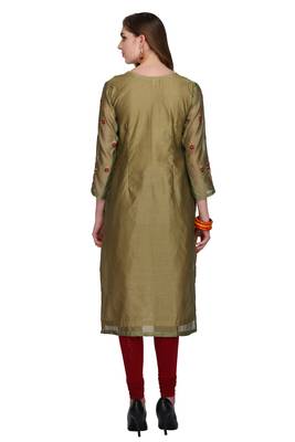 Beige Embroidered Chanderi Long Kurtis 2
