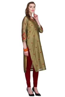 Beige Embroidered Chanderi Long Kurtis 3