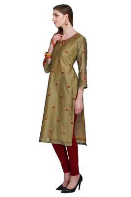 Beige Embroidered Chanderi Long Kurtis 4