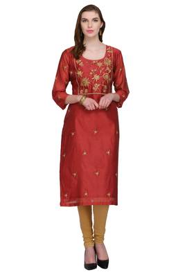 Red Embroidered Chanderi Long Kurtis 1