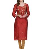 Red Embroidered Chanderi Long Kurtis