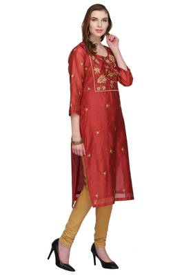 Red Embroidered Chanderi Long Kurtis 3