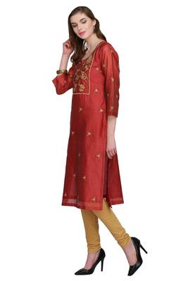 Red Embroidered Chanderi Long Kurtis 4