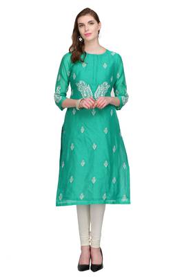 Turquoise Embroidered Chanderi Long Kurtis 1
