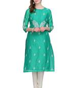Turquoise Embroidered Chanderi Long Kurtis