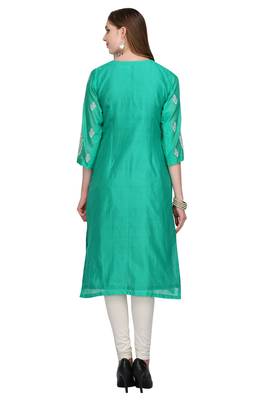 Turquoise Embroidered Chanderi Long Kurtis 2