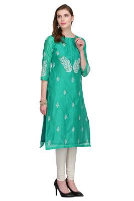 Turquoise Embroidered Chanderi Long Kurtis 3