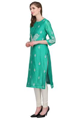 Turquoise Embroidered Chanderi Long Kurtis 4