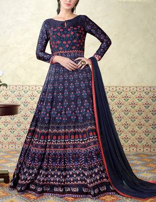 Blue embroidered satin salwar with dupatta 1