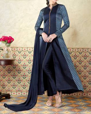 Blue embroidered satin salwar with dupatta 1