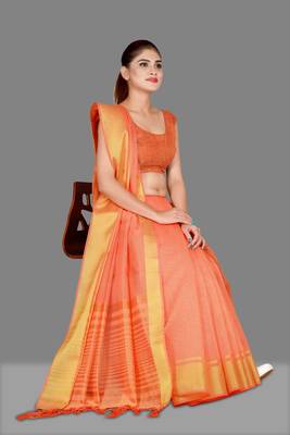 Peach woven poly cotton saree with blouse 1