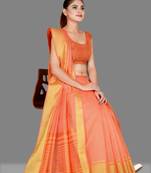 Peach woven poly cotton saree with blouse
