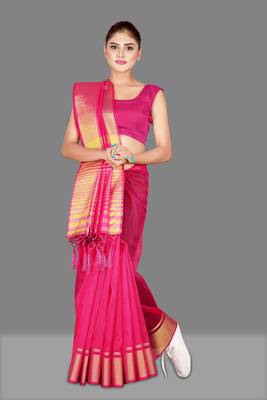 Rani Pink woven poly cotton saree with blouse 1