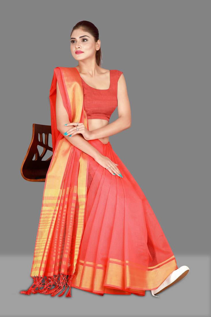 Coral woven poly cotton saree with blouse