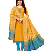 Women's Yellow Slub Cotton Handwork Unstitched dress materials With Banarasi Dupatta