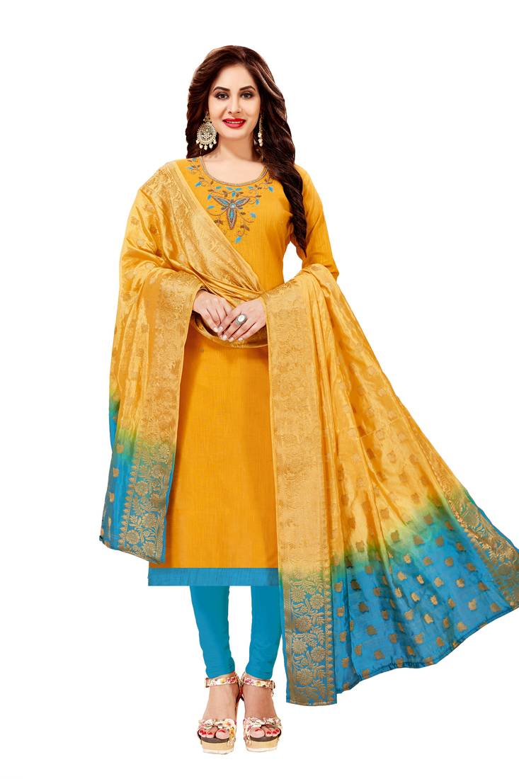 Women's Yellow Slub Cotton Handwork Unstitched dress materials With Banarasi Dupatta