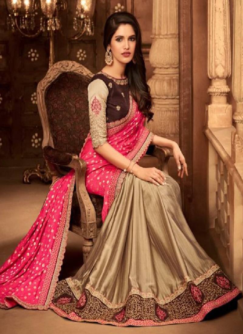 Pink Floral Embroidered Silk Blend Saree With Unstitched Blouse Piece
