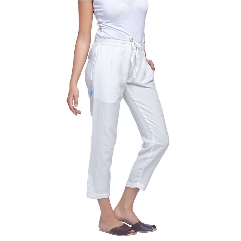 BKind Solid White Viscose Rayon Trousers for Women BKind 2833075