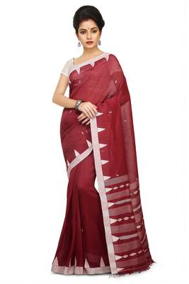 Maroon woven linen saree with blouse 1