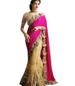 Pink embroidered velvet saree with blouse