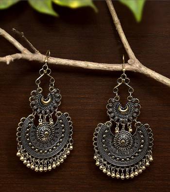 Dangler Black Gold Oxidised Afghani Style Double Chandbali Earrings 1