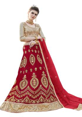 Red Embroidered Net Semi Stitched Lehenga With Duaptta 1
