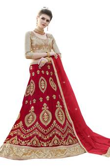 Red Embroidered Net Semi Stitched Lehenga With Duaptta