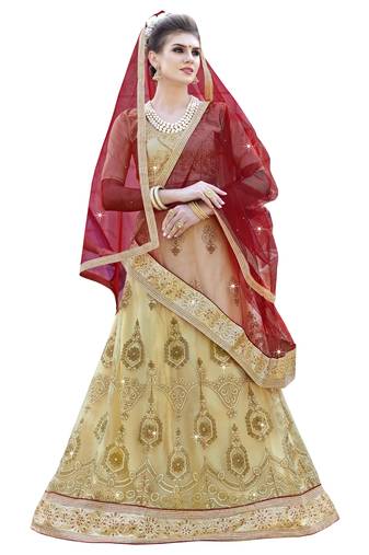 Beige Embroidered Net Semi Stitched Lehenga With Duaptta