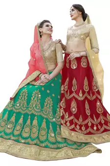 Green Embroidered Net Semi Stitched Lehenga With Duaptta