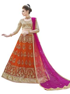 Orange Embroidered Net Semi Stitched Lehenga With Duaptta 1