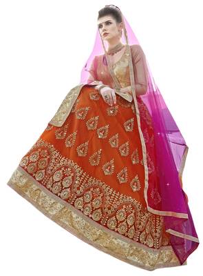 Orange Embroidered Net Semi Stitched Lehenga With Duaptta 2