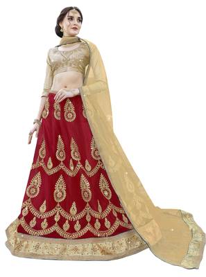 Red Embroidered Net Semi Stitched Lehenga With Duaptta 1