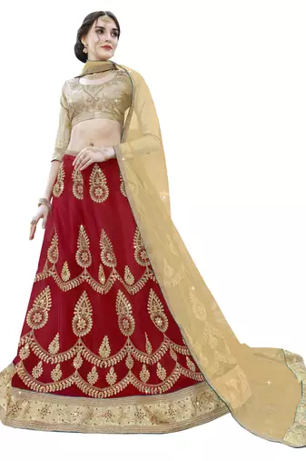 Red Embroidered Net Semi Stitched Lehenga With Duaptta