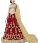 Red Embroidered Net Semi Stitched Lehenga With Duaptta