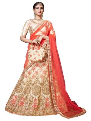 Beige Embroidered Satin Semi Stitched Lehenga With Duaptta 1