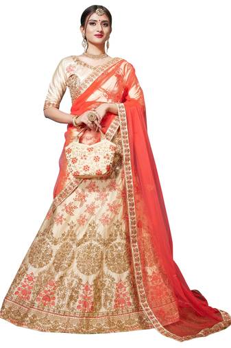 Beige Embroidered Satin Semi Stitched Lehenga With Duaptta