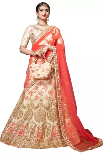Beige Embroidered Satin Semi Stitched Lehenga With Duaptta