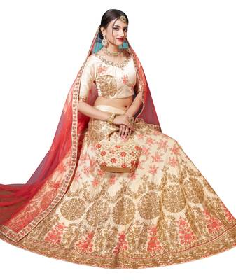 Beige Embroidered Satin Semi Stitched Lehenga With Duaptta 2