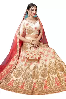 Beige Embroidered Satin Semi Stitched Lehenga With Duaptta